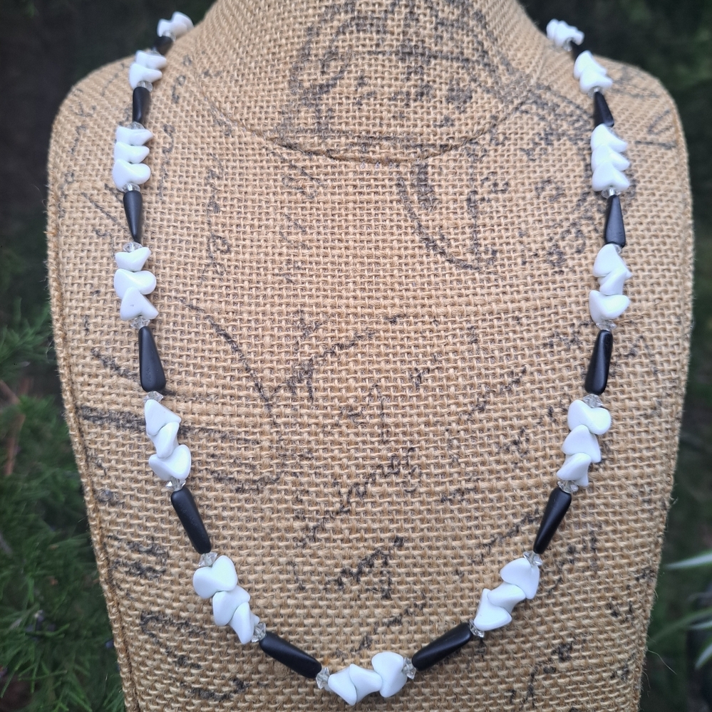 Vintage Mid-century Back White Czech Glass Necklace Strand Beaded On Chain